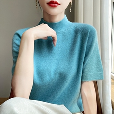 高领新款针织短袖女纯色大气简约百搭宽松套头，女装针织衫/毛衣，戎洋