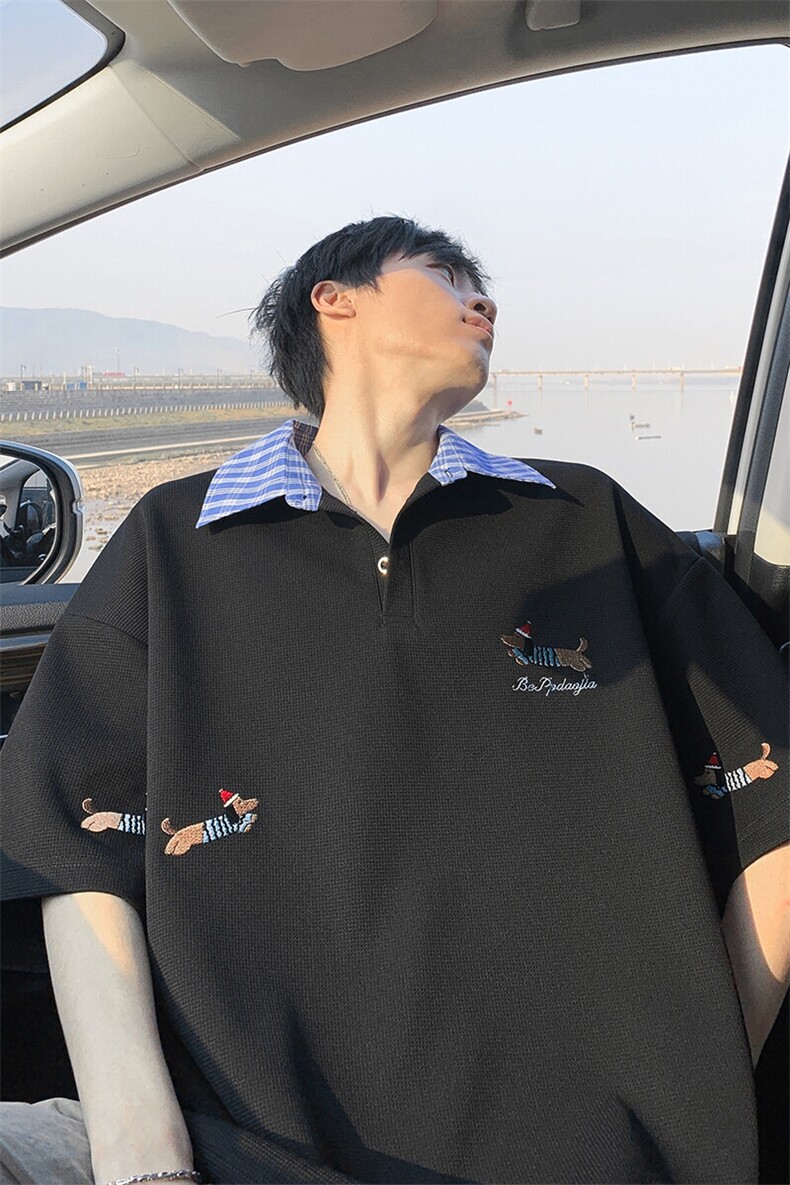 特批P30无差价华夫格刺绣腊肠狗格子亨利领宽松短袖T恤男T5172,男装T恤,电商A001