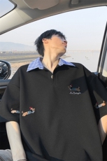 特批P30无差价华夫格刺绣腊肠狗格子亨利领宽松短袖T恤男T5172，男装T恤，电商A001