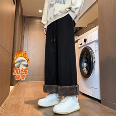 wassuphappy羊羔毛裤子男款冬季潮牌灯芯绒加绒加厚阔腿休闲长裤，男装棉衣，电商A102