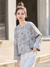 新中式国风提花灰色短外套女2025春新款高端禅意气质百搭盘扣唐装，女装短外套，美沁