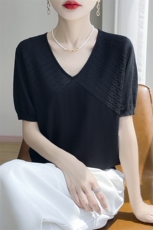 高级感天丝棉针织短袖T恤女V领提花纯色上衣气质宽松打底半袖背心，女装针织衫/毛衣，凯思米羊绒