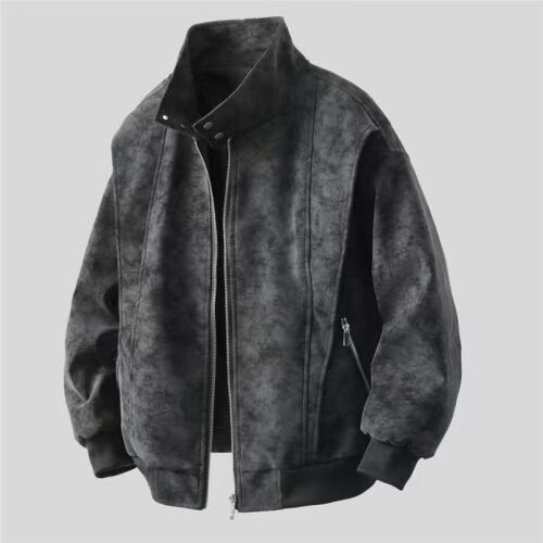 网图皮夹克扎染脏脏男女款复古休闲宽松水洗皮衣港风JK2506-P85，男装夹克，电商C216