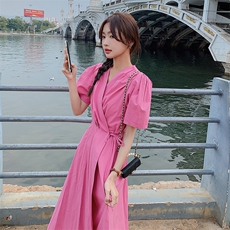 法式粉色连衣裙女2025夏季新款气质女神范收腰显瘦温柔风茶歇长裙，女装连衣裙，2C092