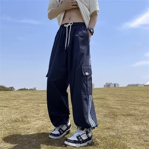 休闲裤男韩版潮流高街帅气秋季新款裤子薄款百搭条纹直筒长裤图片