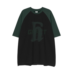 白底新款美潮宽松卡通百搭插肩袖拼色情侣短袖T恤DT365P45控68