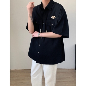 美式复古华夫格短袖衬衫女夏季古着学院风设计感小众开衫衬衣