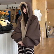 网两面穿仿水貂毛棉服夹克宽松连帽加绒加厚外套女B70-特P98，男装夹克，星座910-1