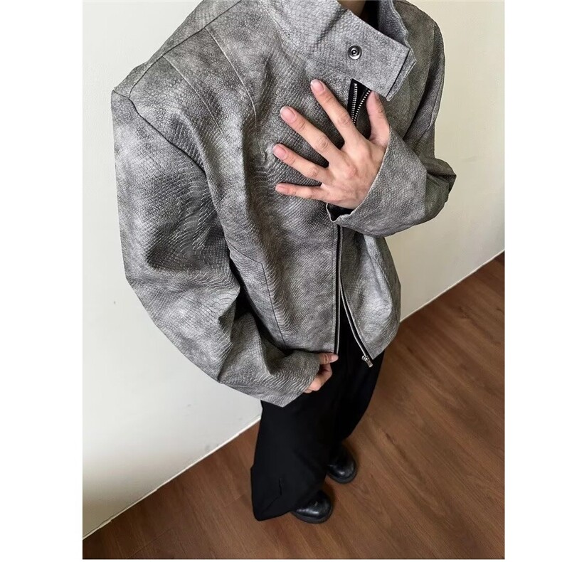 设计感拉链皮衣外套男美式复古街头潮牌宽松翻领短款夹克春秋，男装皮衣，星座601-1