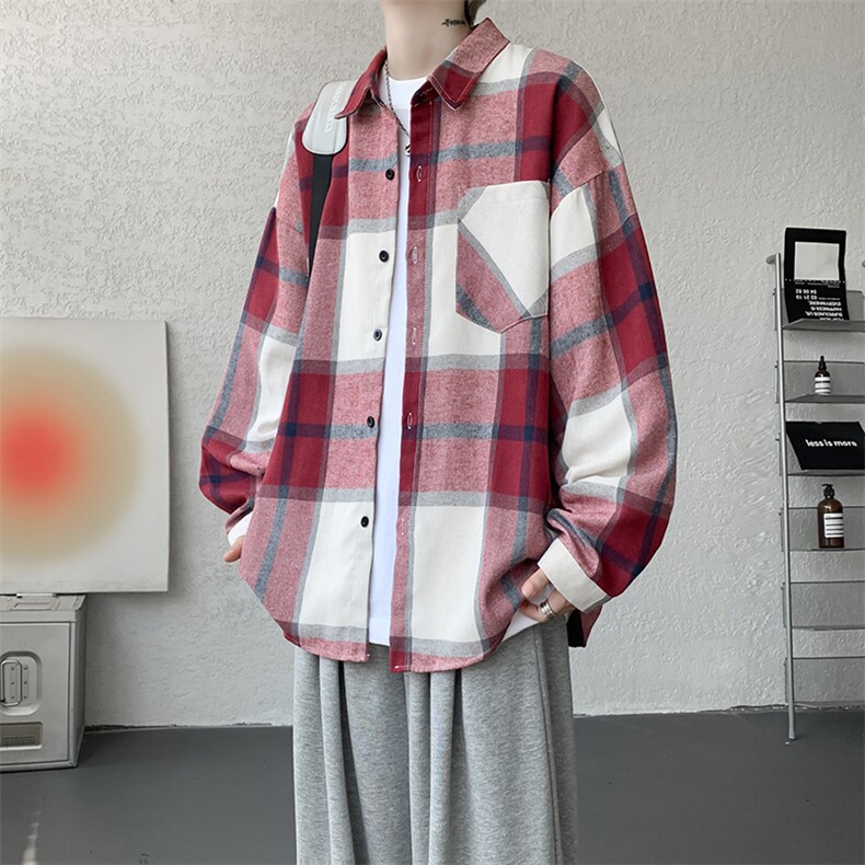 衬衫男春季新款港风宽松大码磨毛格子长袖衬衣CS6636-特P29,男装衬衫,星座214-3