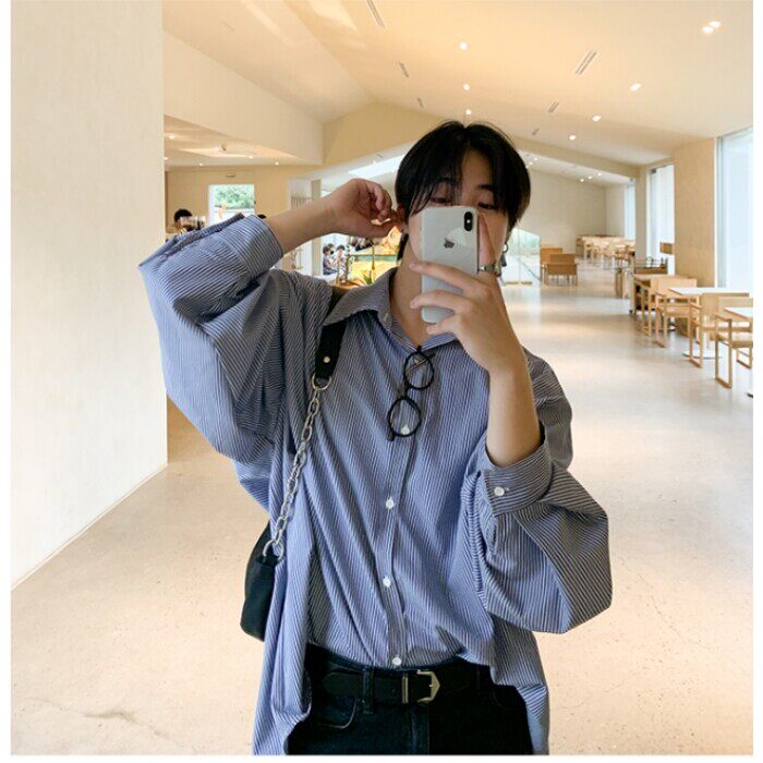 条纹休闲衬衫男春季宽松长袖衬衣韩版潮流翻领上衣710-808，男装衬衫，星座710