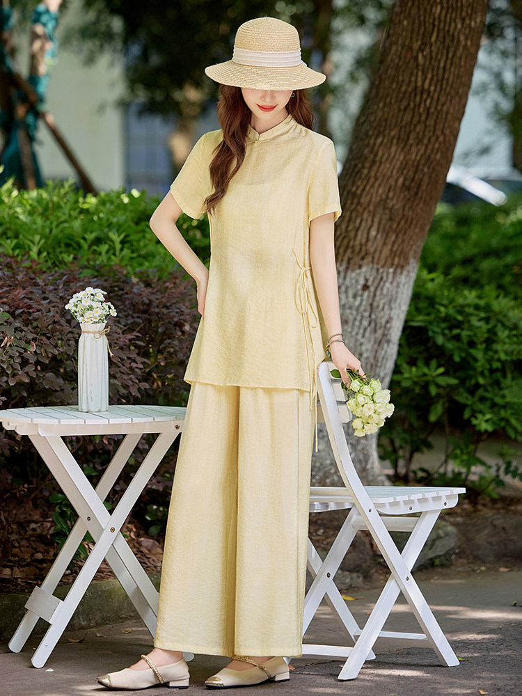 简约百搭新中式套装女2026夏季新款洋气减龄盘扣上衣阔腿裤两件套,女装套装/套裙,水衣源