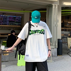 美式街头字母刺绣短袖t恤男女夏季潮牌oversize情侣装半袖，男装T恤，星座1013