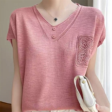 夏季新款竹节麻针织短袖t恤上衣V领设计感洋气休闲显瘦冰丝体恤衫，女装蕾丝衫/雪纺衫，萱芳婷羊绒