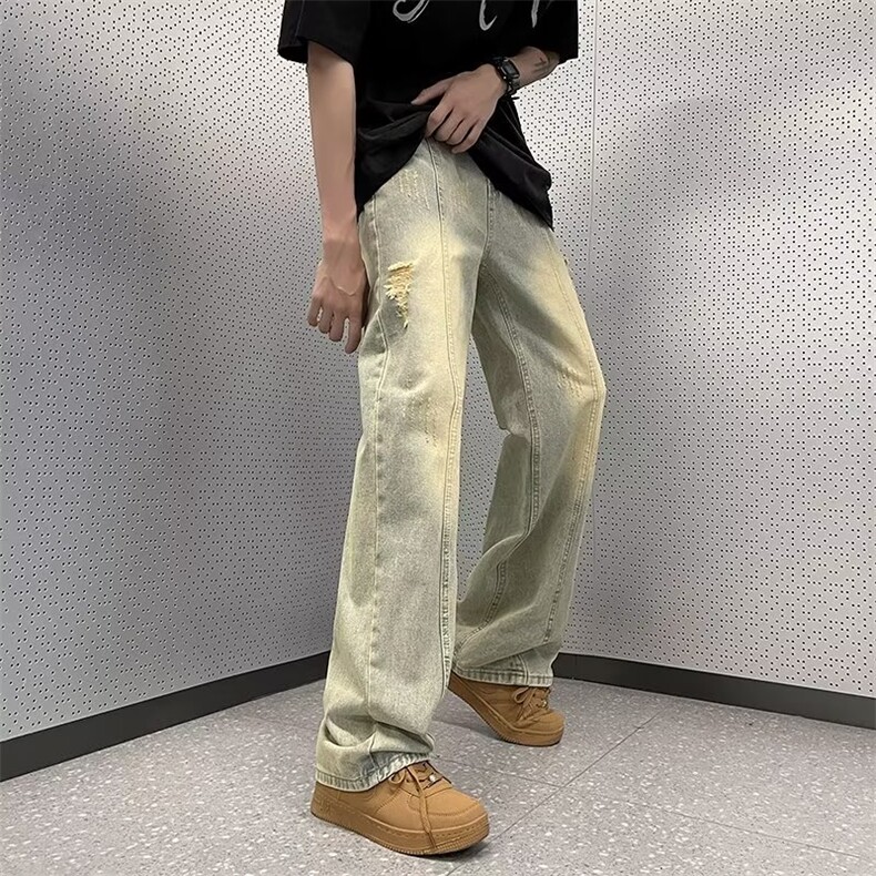 青春流行夏季纽扣长裤宽松直筒慵懒潮直脚潮流新款水洗男牛仔裤,男装牛仔裤,四季星座218-1