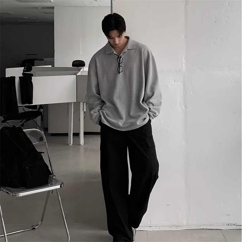 抖音得物高品质二开230克精梳珠地光版纯色宽松长袖T恤翻领POLO衫,男装T恤,电商A486