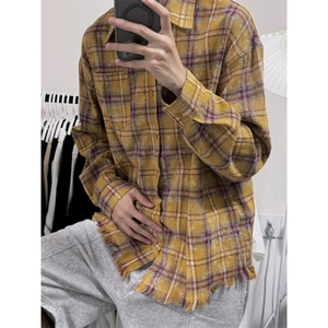 【有货】美式设计感花纹格子长袖衬衫男情侣休闲外套HT96CC-特P48图片