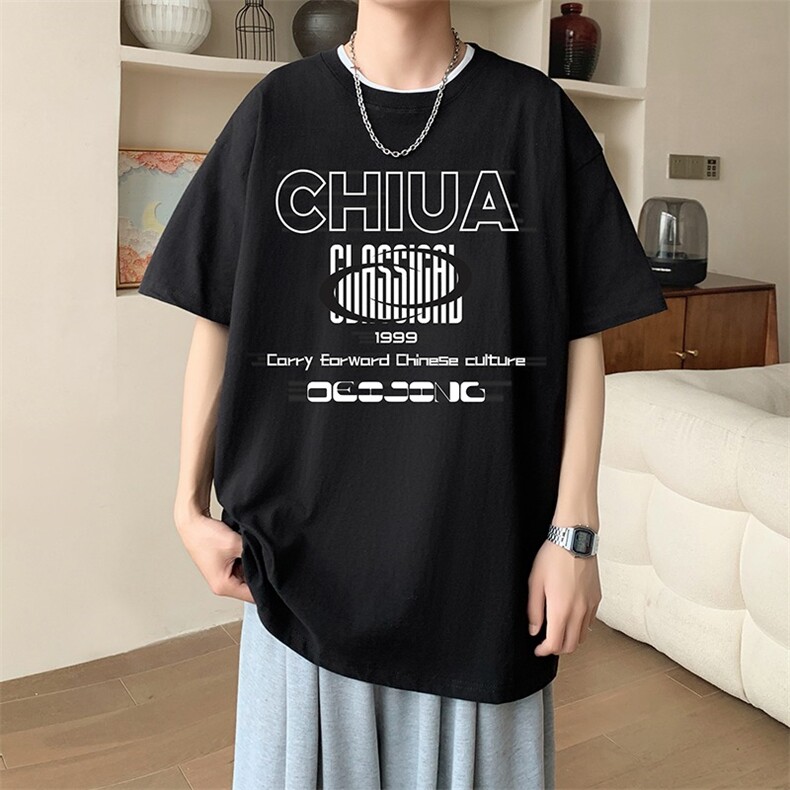 新款夏季男装纯棉短袖T恤落肩款英文字母印花时尚休闲上衣,男装T恤,星座1013