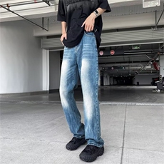 水洗蓝色闪电爆裂纹牛仔裤男高个子破洞微喇裤美式直筒裤G510-P45，男装牛仔裤，星座1001-1