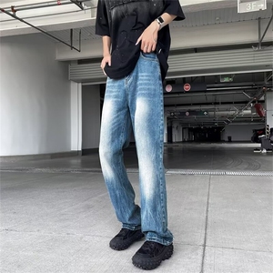 水洗蓝色闪电爆裂纹牛仔裤男高个子破洞微喇裤美式直筒裤G510-P45图片
