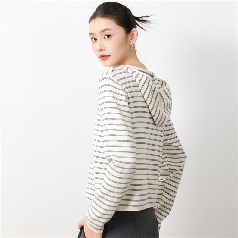 法式条纹连帽针织开衫女2025新款长袖保暖打底小衫洋气双拉链毛衣，女装针织衫/毛衣，菲奥羊绒