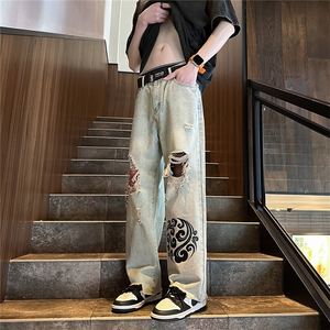 k1080-p55-控78 M-5XL 现货oversize cleanfit显瘦黄泥牛仔裤破洞图片