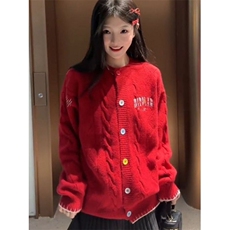圣诞红色绞花开衫毛衣女秋冬季温柔风圆领针织衫外套上衣M6569，男装针织衫/毛衣，星座1116A（原606A-3）