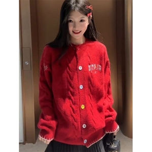 圣诞红色绞花开衫毛衣女秋冬季温柔风圆领针织衫外套上衣 M6569图片