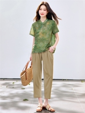 长期现货2026夏装新款时尚两件套装女提花新中式衬衫T小脚腿裤女，女装套装/套裙，璐依舞