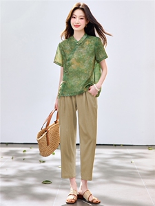长期现货2026夏装新款时尚两件套装女提花新中式衬衫T小脚腿裤女图片