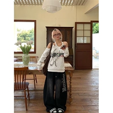 加绒款2025水洗嘻哈弯刀拖地裤字母印花爵士做旧阔腿休闲运动裤，女装休闲裤，星座516A