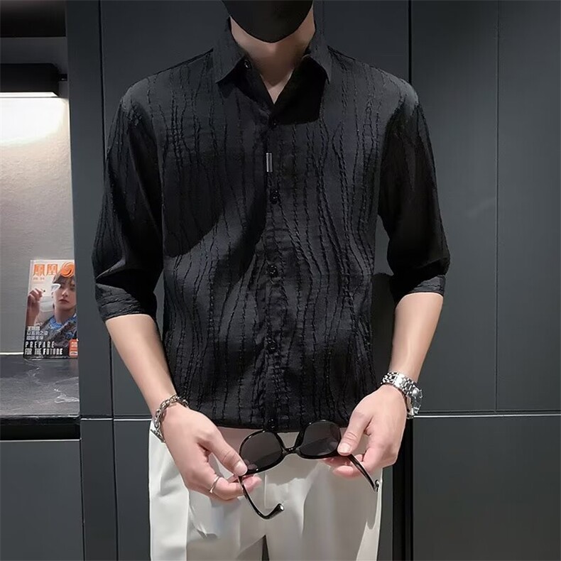 高级感白色衬衫男士夏季薄款小衬衣男装痞帅纯色短袖上衣CS304,男装T恤,星座1116A-2（原606A-1）