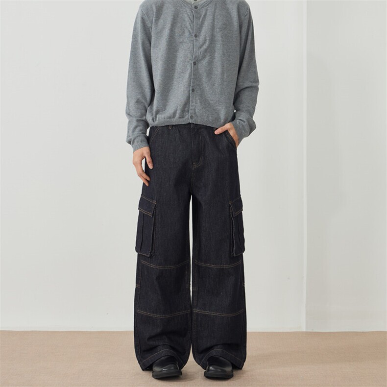 直筒原色多口袋工装裤2025春秋新款阔腿百搭美式复古宽松牛仔裤男图片