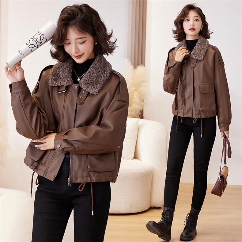 现货简约韩版加绒加厚皮衣外套女2024秋冬新款保暖夹克保暖皮上衣，女装皮衣，潮流依族