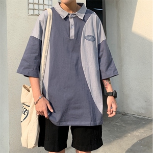 韩版夏季港风ins个性情侣拼接撞色Polo衫五分袖T恤男衫 T527-P30图片