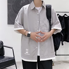 拼接工装衬衫男短袖潮牌痞帅宽松百搭衬衣夏季薄款半袖衣H301/P30，男装T恤，星座506