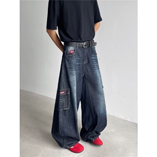 美式复古弯刀牛仔裤女宽松大口袋阔腿工装休闲长裤N7846-P58，男装牛仔裤，星座308B-2