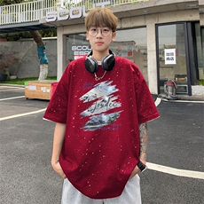 可48小时发货支持抖音得物来样二开美式满天星亮片短袖T恤MTX723，男装T恤，电商A486-1