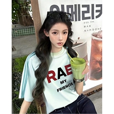 抖音得物品质二开240克宽松纯棉美式潮牌印花三条杠中性风短袖T恤，男装T恤，电商A486-1