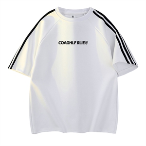 抖音得物高品质二开240克宽松纯棉美式潮牌三条杠织带短袖T恤图片