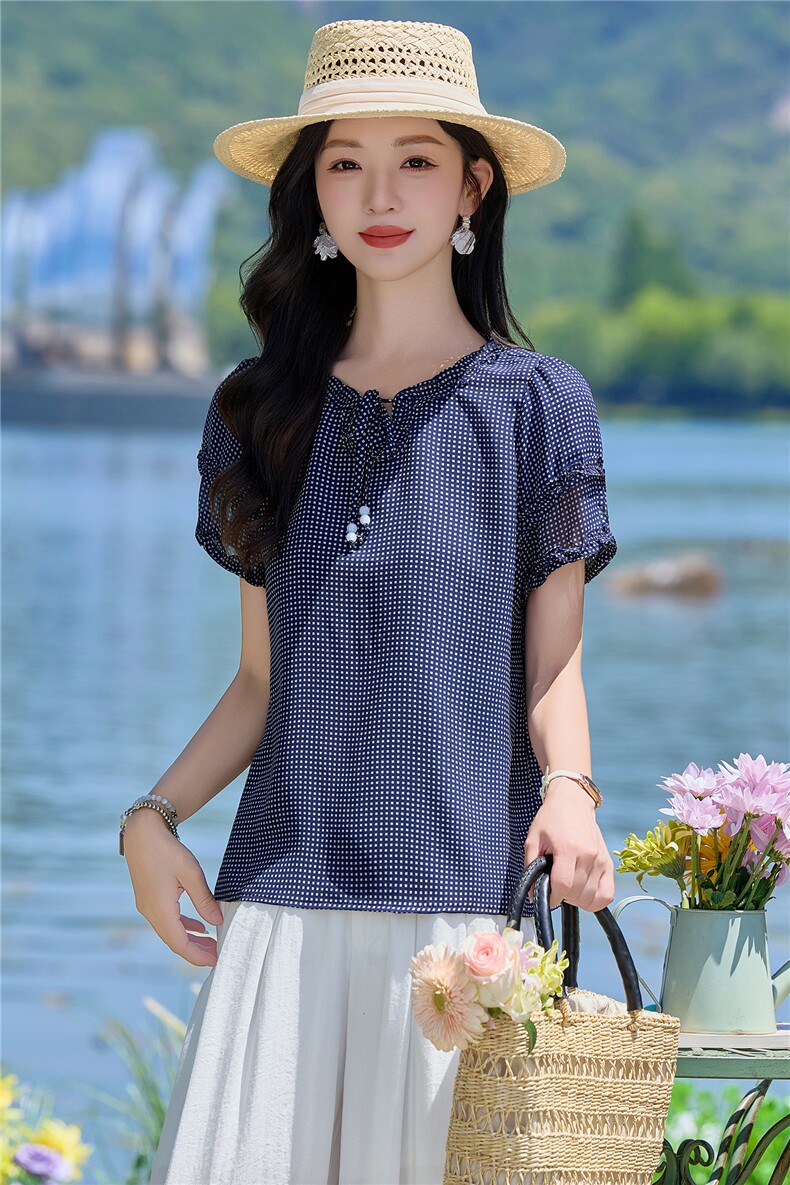 花边袖休闲宽松小衫女2026夏季新款遮肉显瘦短袖衬衫薄款上衣,女装衬衫,余墨