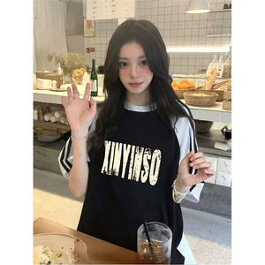 抖音得物品质二开240克宽松纯棉美式潮牌插肩三杠织带短袖T恤图片