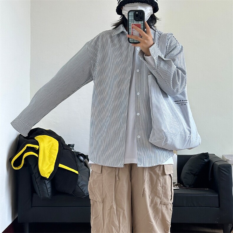 港风条纹衬衫宽松外套男女衬衣内搭衬衫CS017-P30,男装衬衫,星座301C-5