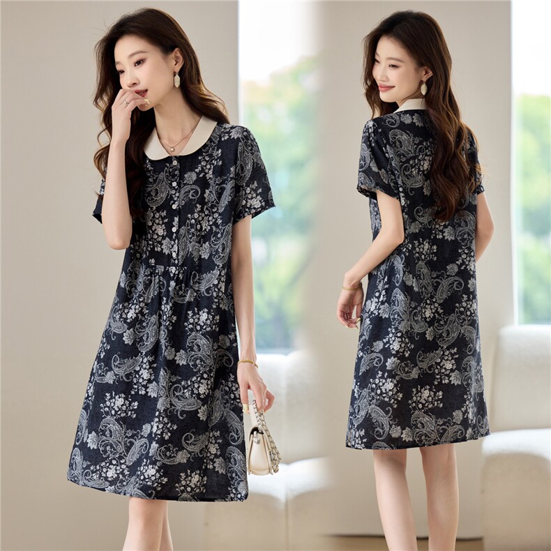 时尚撞色翻领印花连衣裙女2026夏新款宽松显瘦复古气质休闲衬衫裙，女装连衣裙，简韵佳