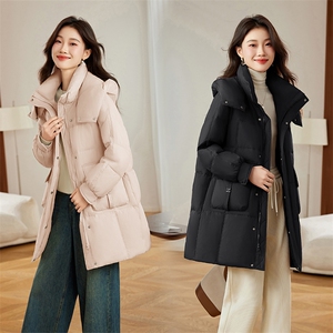 咖色休闲宽松连帽羽绒服女2024冬新款时尚百搭白鸭绒加厚保暖外套图片