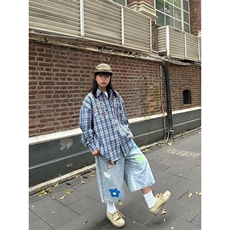 AK2287-P50花瓣印花牛仔短裤女复古做旧水洗直筒休闲七分裤，男装牛仔裤，星座617A-2