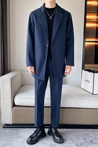 秋冬新款加绒加厚男士毛呢大衣套装三件套高级感港风男装两件套潮图片