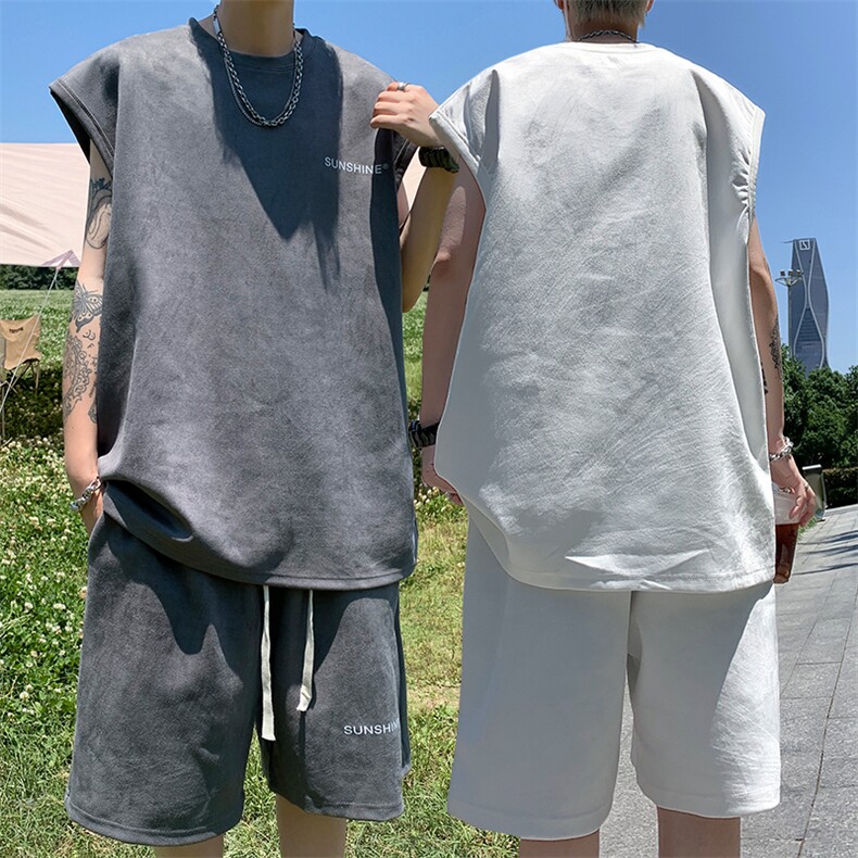 KT1鹿皮绒280克男女休闲坎肩短裤套装夏字母印花情侣男女学生宽松,男装休闲套装,星座115A(原星座507）