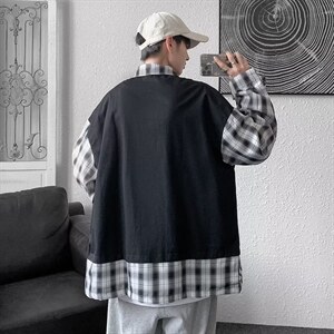 假两件衬衫男长袖春秋潮牌ins格子拼接工装衬衣LC17P45图片