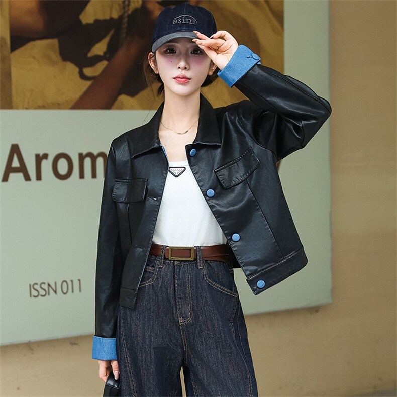 黑色短款皮衣外套2024年春秋新款早秋高级感小个子皮夹克上衣女装，女装皮衣，江南女神
